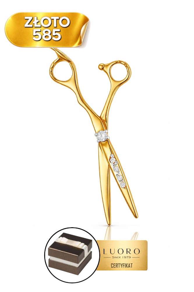 Zlatý Přívěsek 585 14K Nůžky Zirkony Bílý Kámen 3,8 CM Elegantní