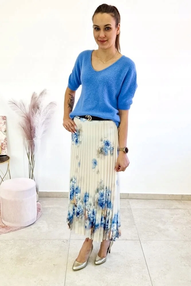 Bílo-modrá plisovaná Sukně s květy Maxi Uni