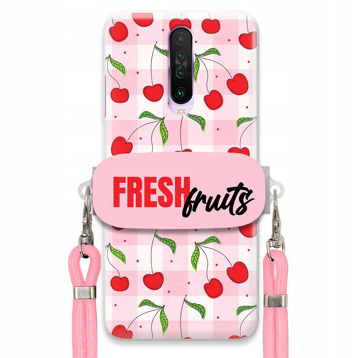 Pouzdro pro Xiaomi Redmi K30 Case Držák Šňůrka Růžová Fresh Fruits Mřížka