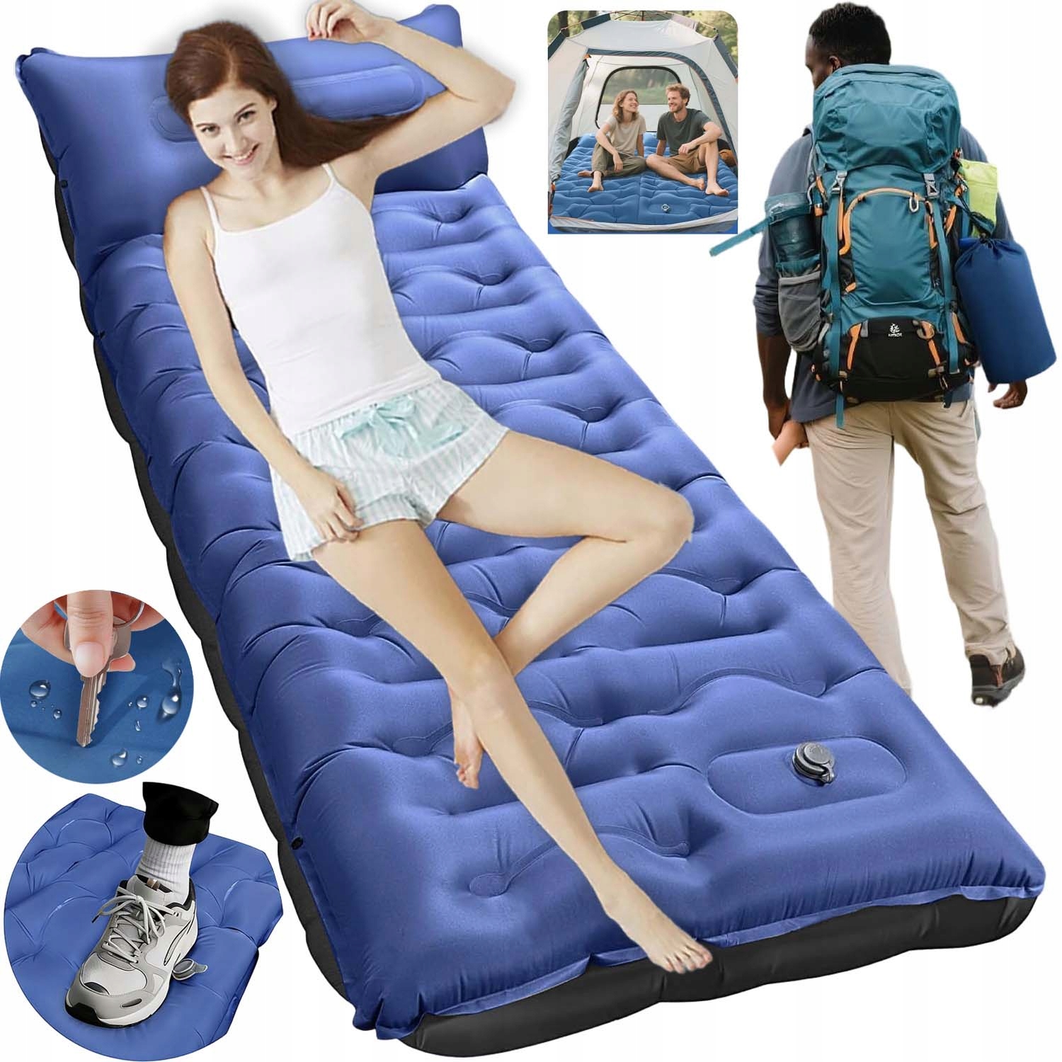 Materac Turystyczny Samopompujący Mata Campingowa Wbudowana Pompka Lekki