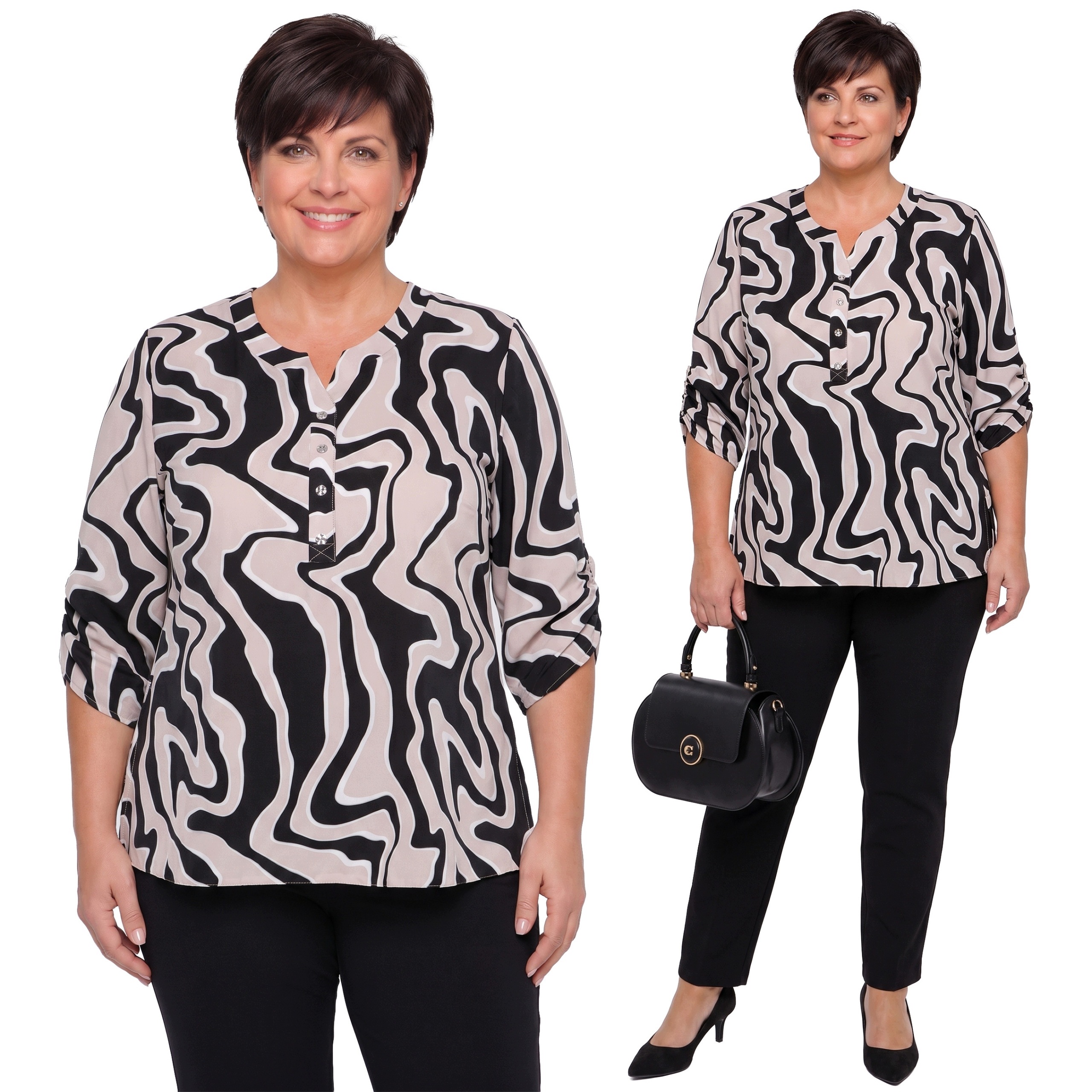 Béžovo-černé tričko s plus size vzory velikost 50