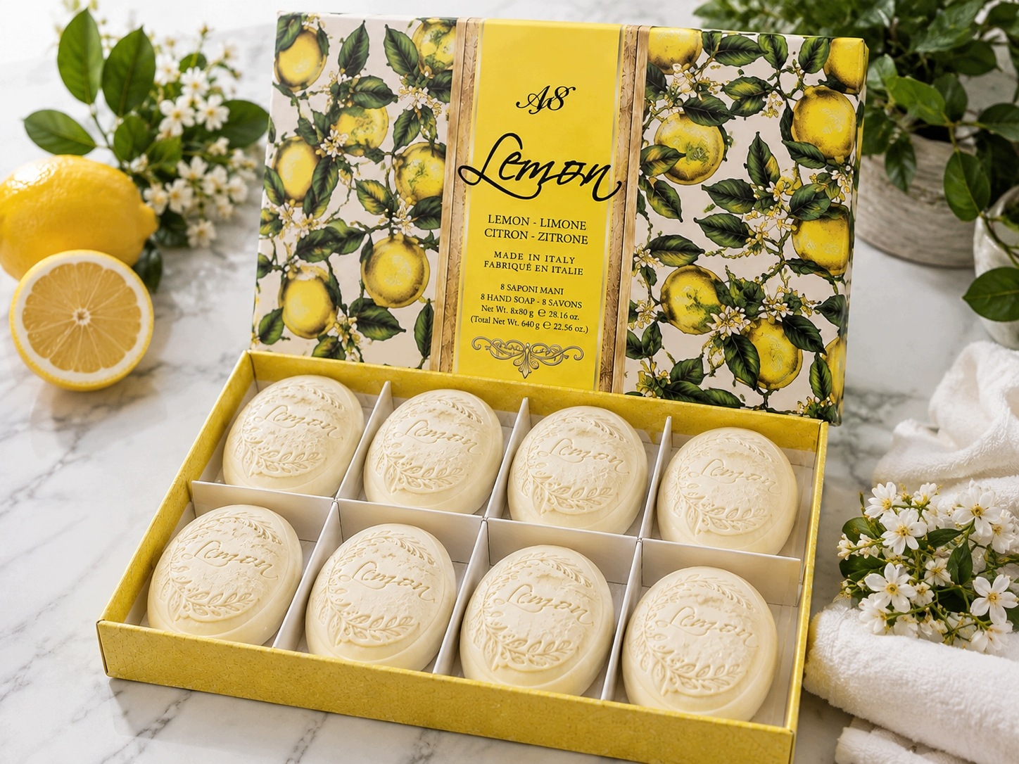 Saponerie Mario Fissi Lemon 8 vyřezávaných citronových mýdel 8x80g Itálie