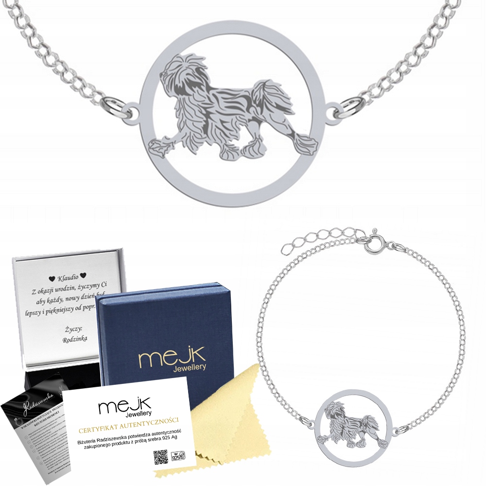 Stříbrný náramek s psem Lowchen 925 Řetízek Žena Gravírování Bonus
