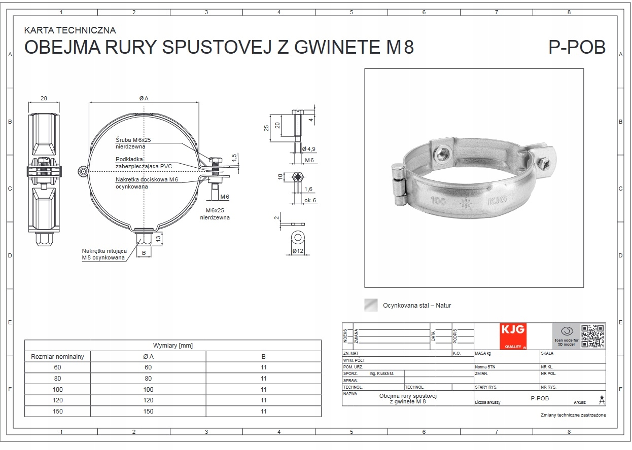 Obejma do rury spustowej rurhak ocynk 100 mm ocynkowana KJG do śruby M8 Kolor srebrny
