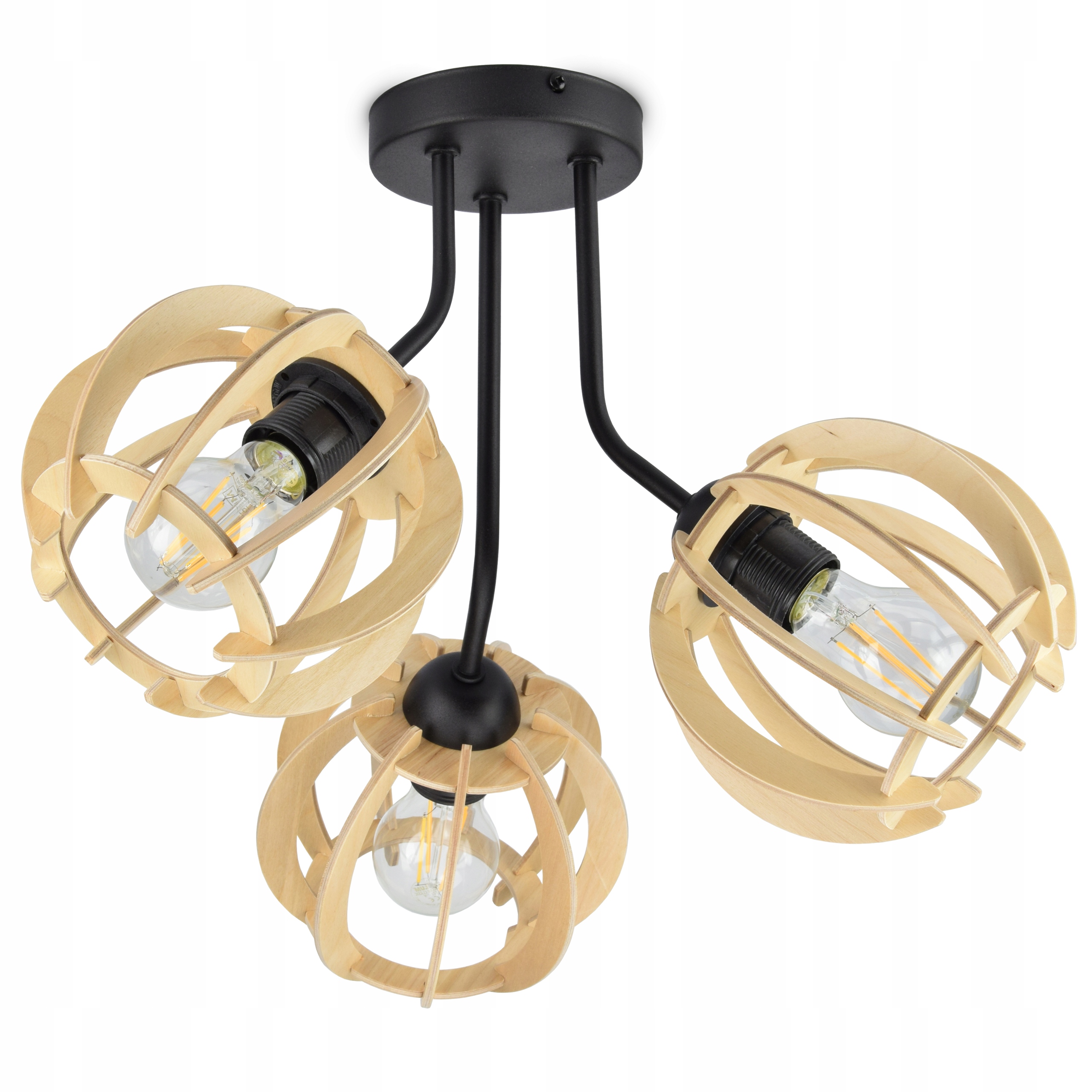 

Lampa Sufitowa Żyrandol Trzy Drewniane Klosze Led