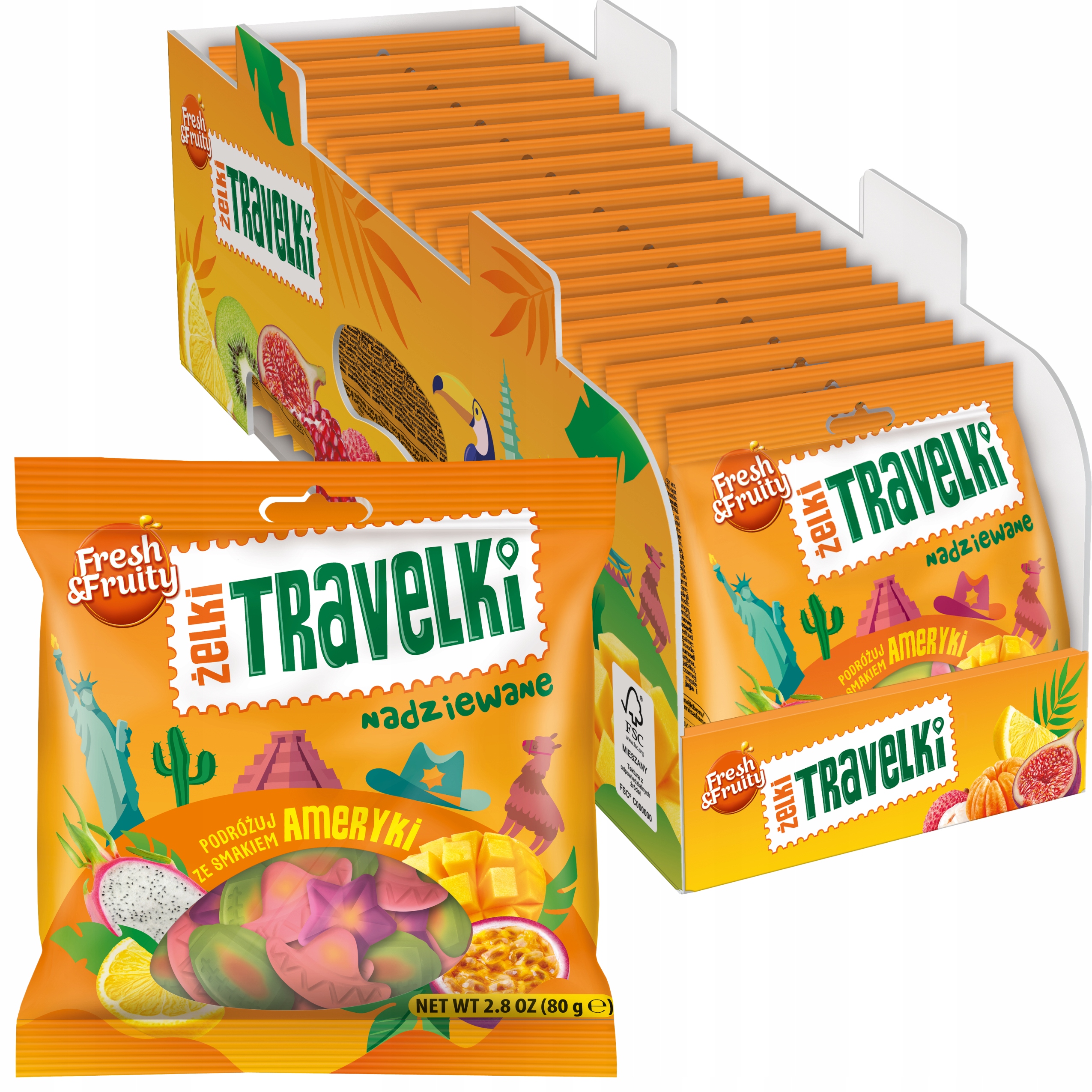 Żelki Owocowe smaki Ameryki Travelki Fresh & Fruity Wawel 80g 20 sztuk