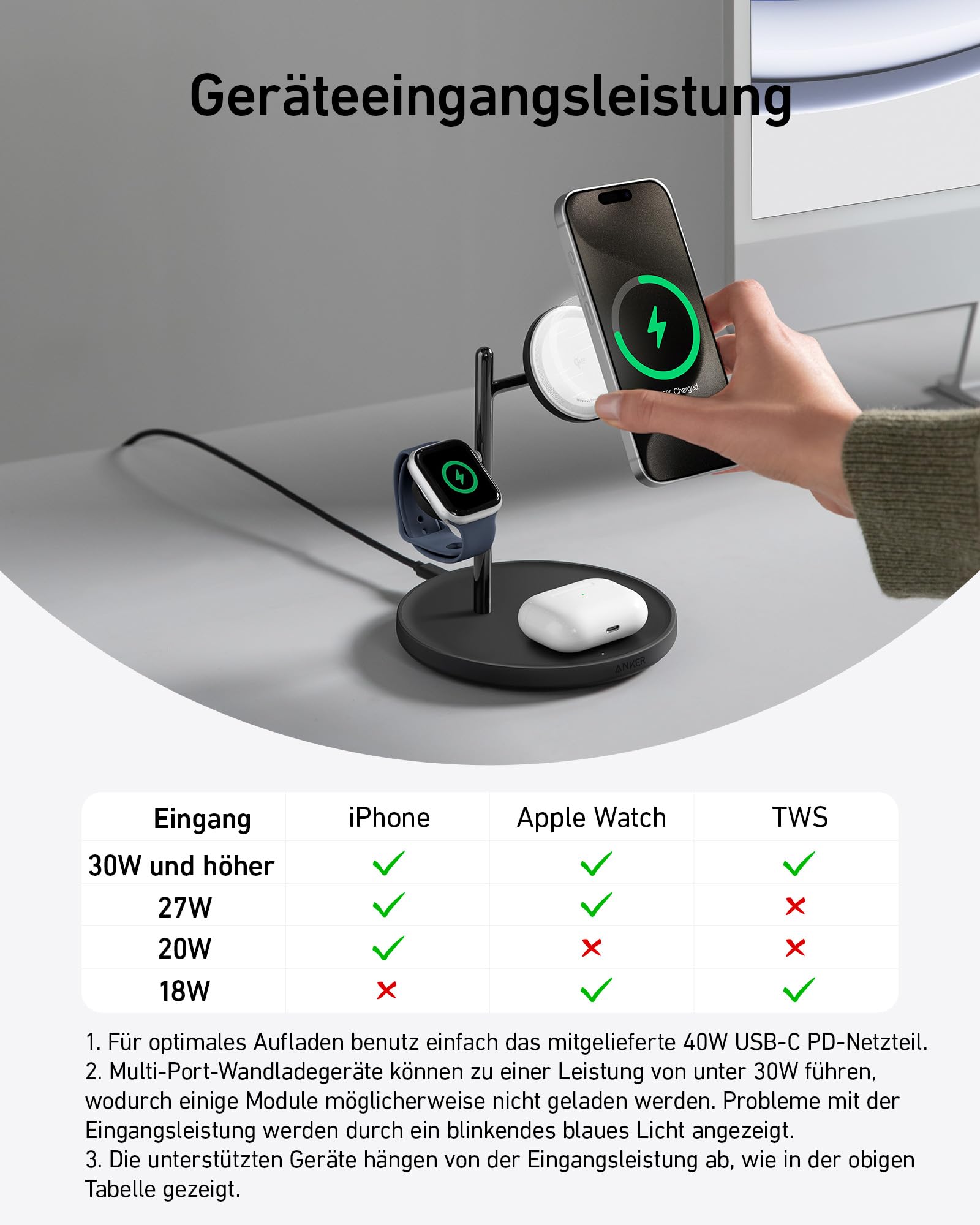 ANKER MagGo 3w1 Stacja Ładowania Bezprzewodowa iPhone AirPods Watch — miniatura 6