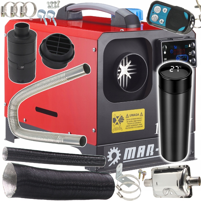Zestaw Nagrzewnica Spalinowa Olejowa 12KW 12V 230V Z Pilotem I Kubek Termic