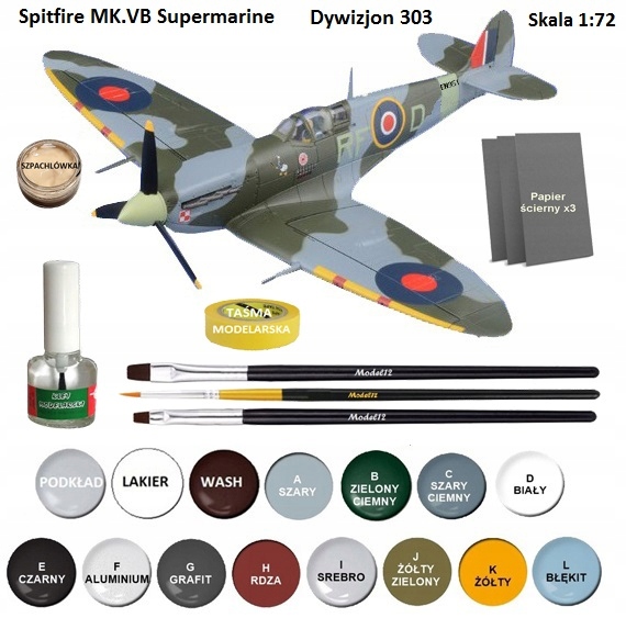 Model Spitfire MK.VB Supermarine Dywizjon 303+farby, lakier, klej, pędzle