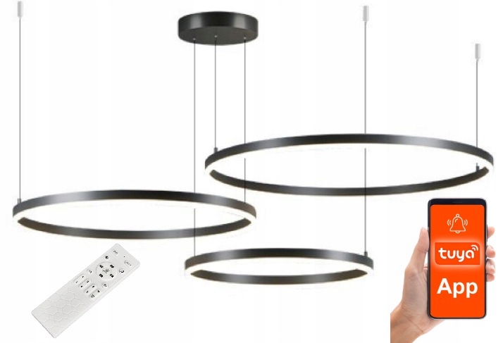 LAMPA WISZĄCA 3 RINGI SUFITOWA żyrandol 100W PILOT 40/60/80 xxl TUYA CZARNA