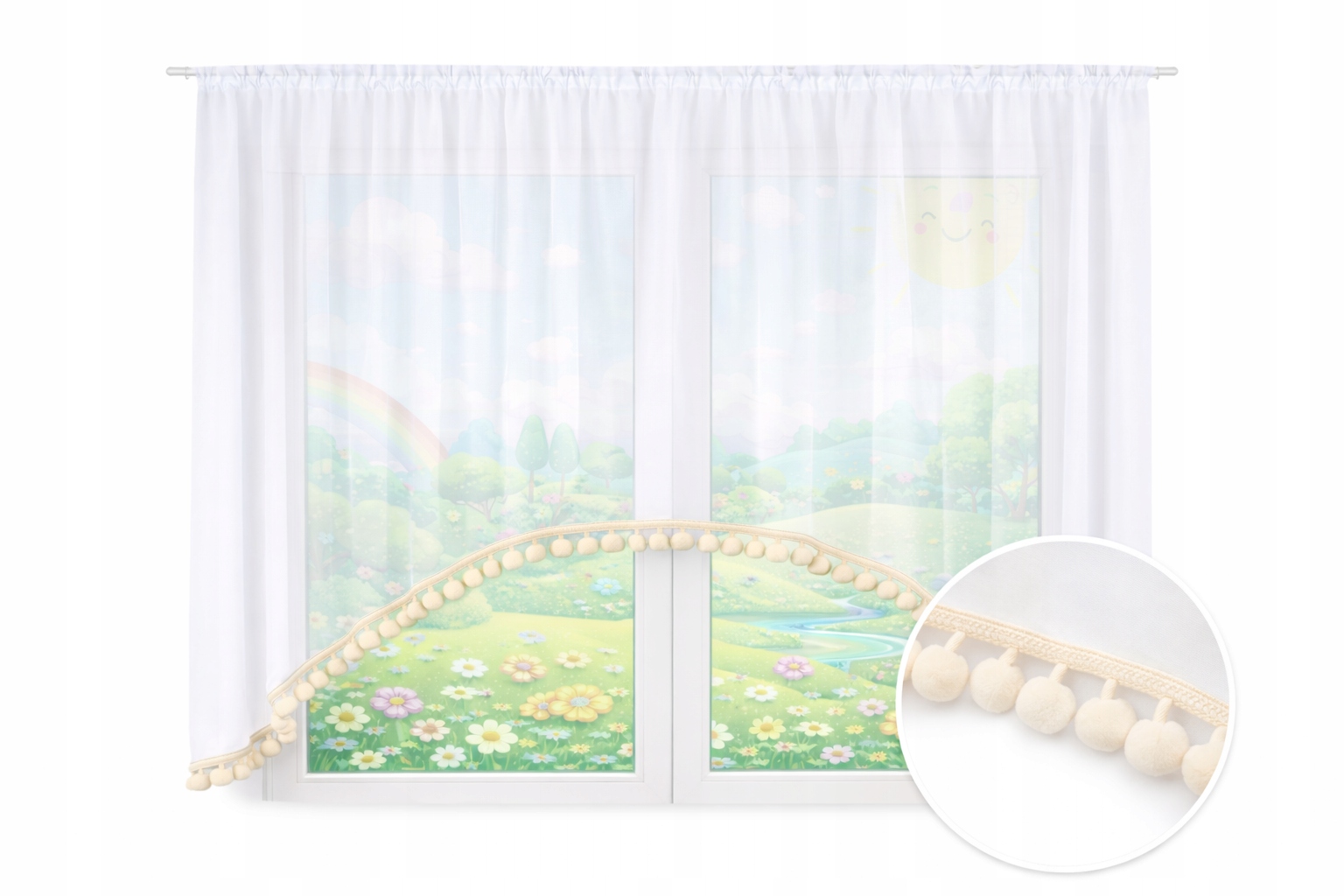 Firanka Dziecięca Śliczna dla dziecka z pomponami beżowymi Boho 500 x 145