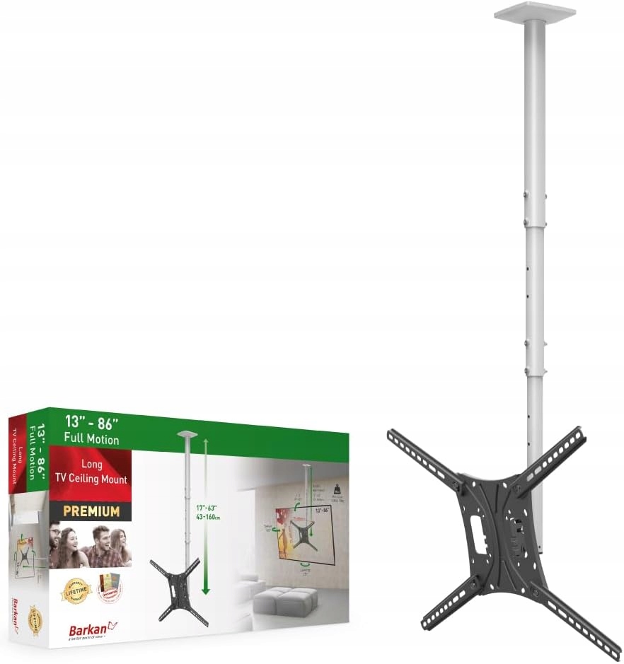 Uchwyt sufitowy Tv 13–75" regulowany 160cm 43kg Vesa 600x400 Barkan