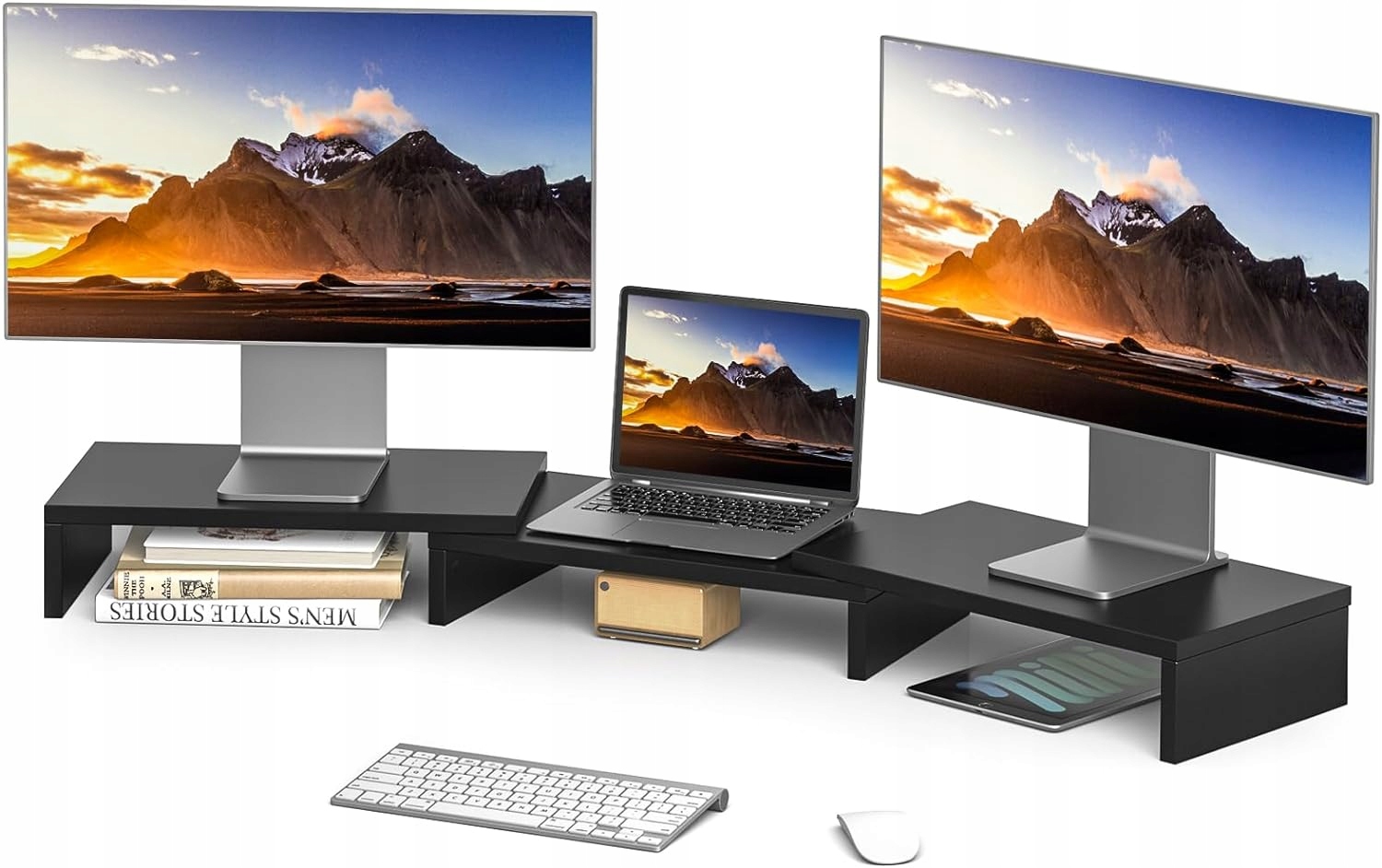 Półki Drewniane Podstawki Pod 2 Monitory Laptopa Czarne 235X95 20 Kg Biurko