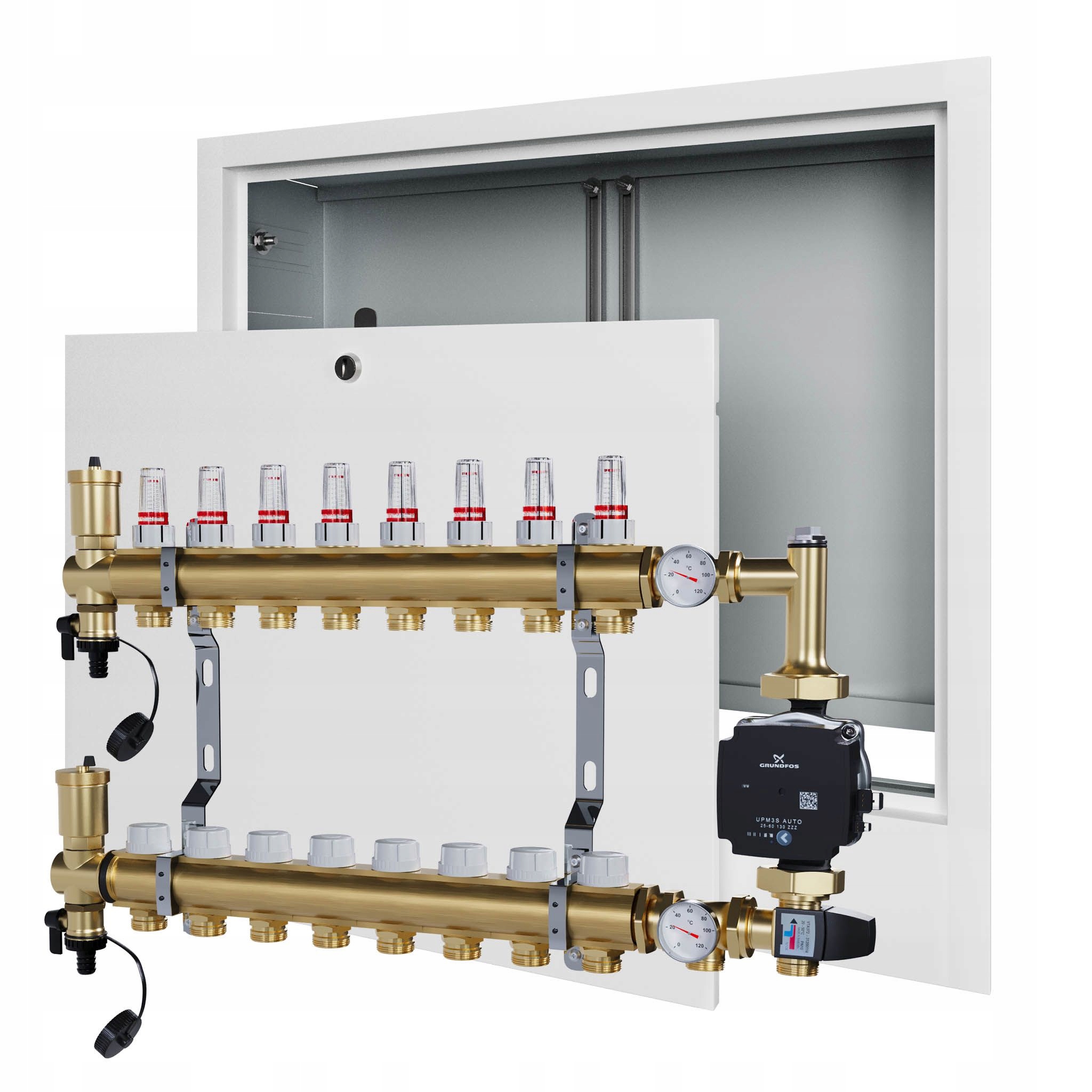 Rozdělovač pro podlahovku 8 s čerpací skupinou GRUNDFOS+podomítkový box