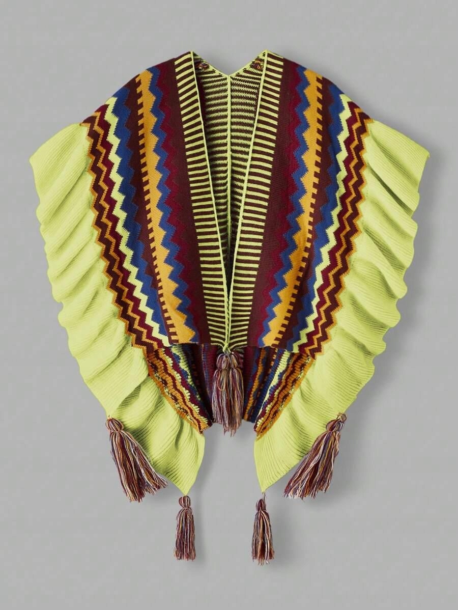 WIELOKOLOROWE WZORZYSTE ASYMETRYCZNE PONCZO FRĘDZLE PLUS SIZE SHEIN 44