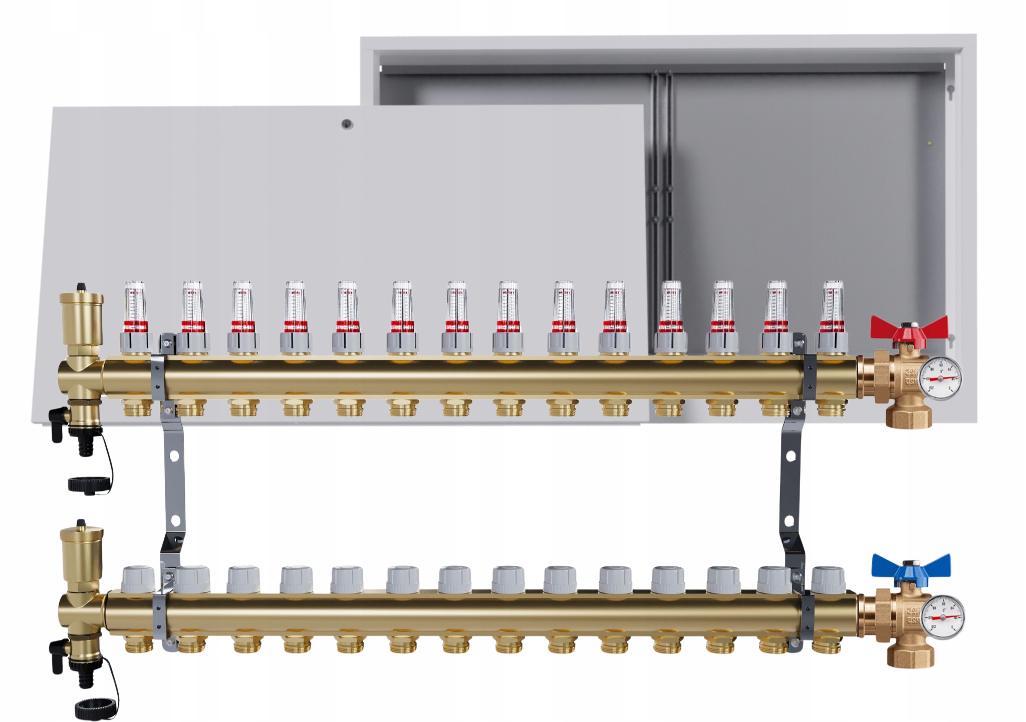 Rozdělovač Pro Podlahu 14 Okruhů Ventil Teploměr Nástěnná Skříňka