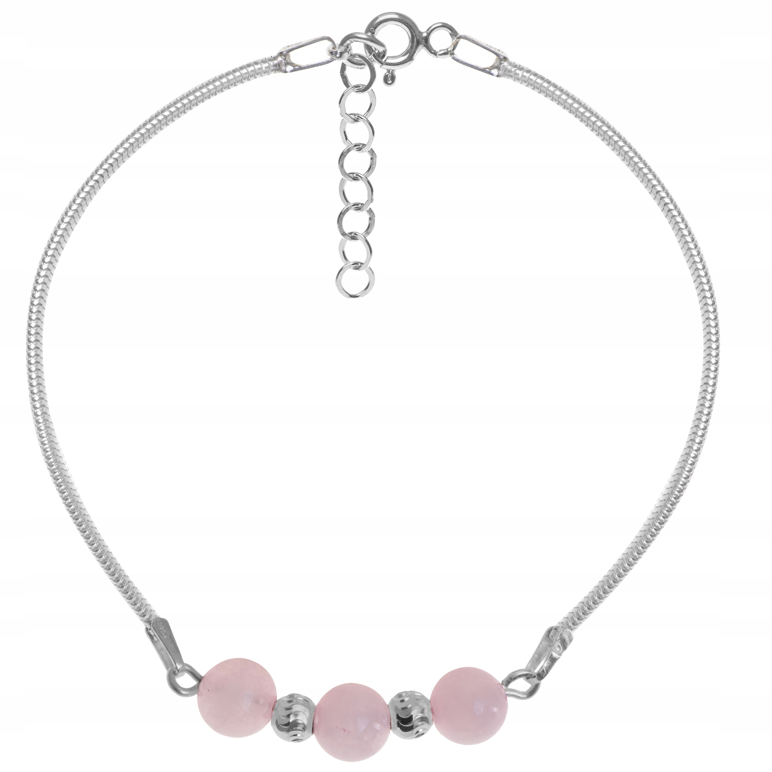 Elegantní Stříbrný Náramek Přírodní Kámen Křemen Růžový Kuličky Stříbro 925