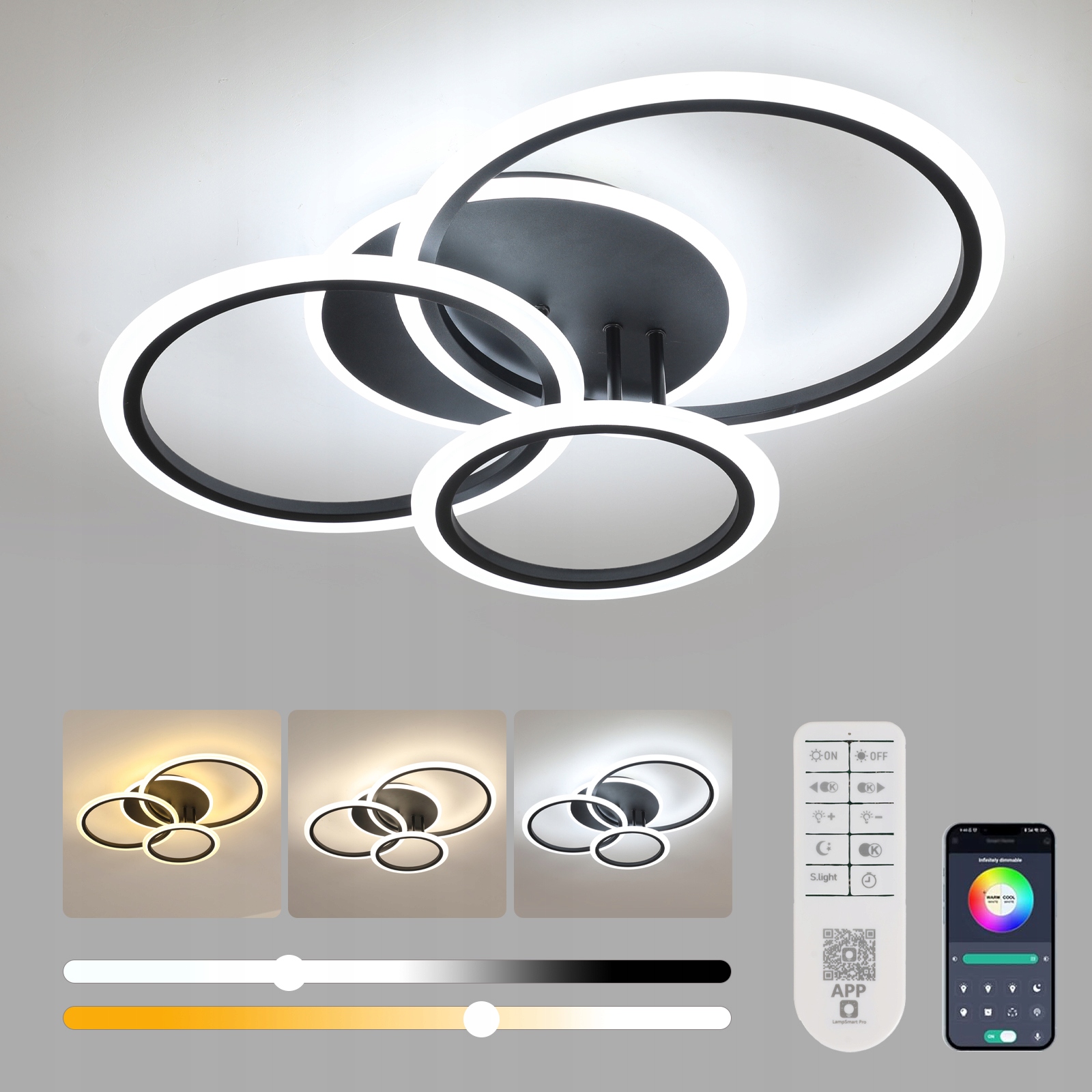 Led Stropní Svítidlo Závěsné Černé Kulaté Moderní Stmívatelné Dálkové Ovládání 53W