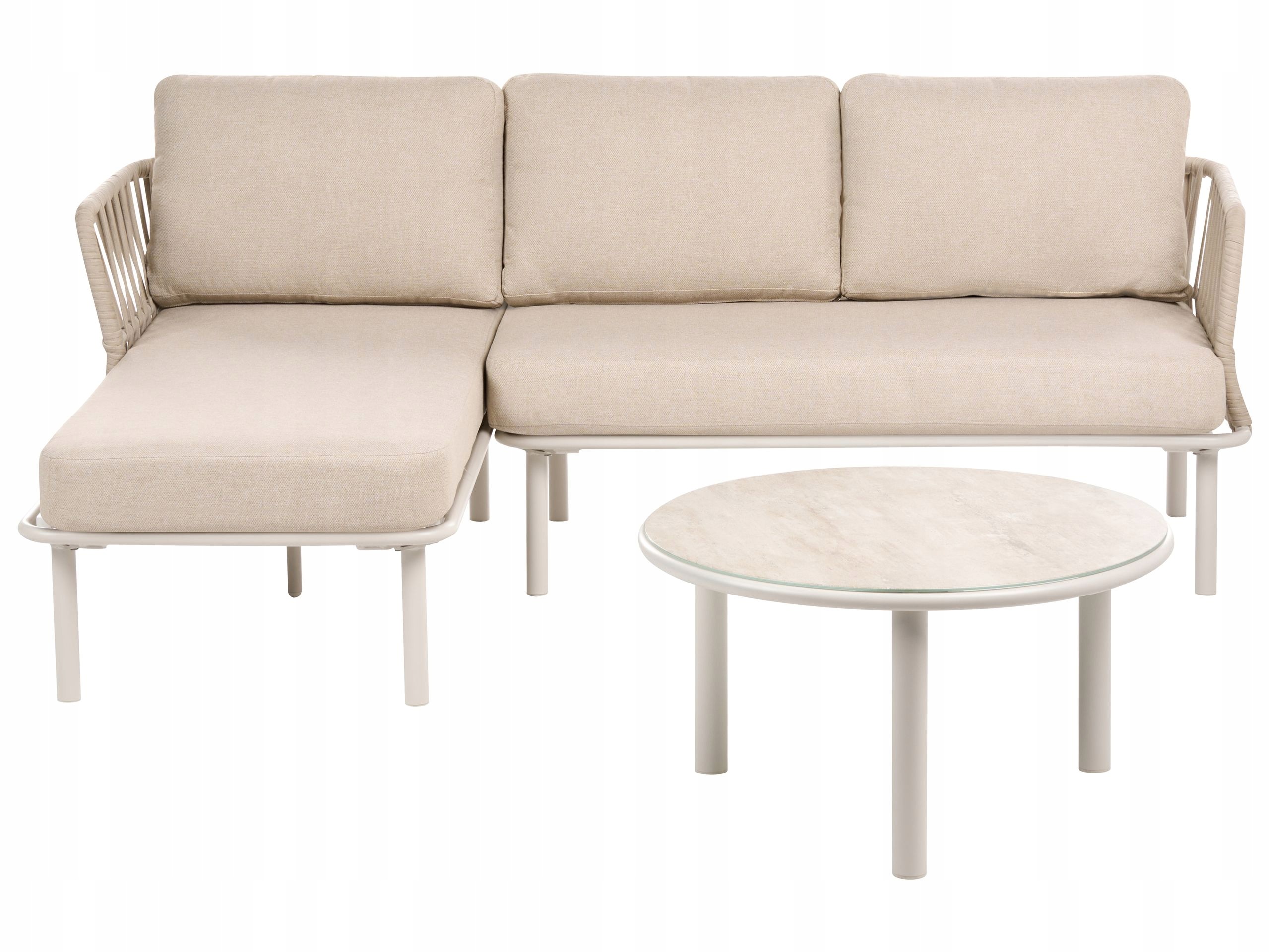 Zestaw ogrodowy sofa stolik metalowa rama szklany blat beżowy