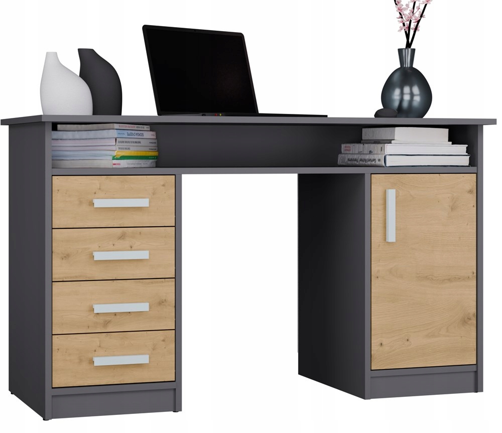 Biurko Ada Antracyt Dąb Artisan 125 cm z 4 szufladami i półkami