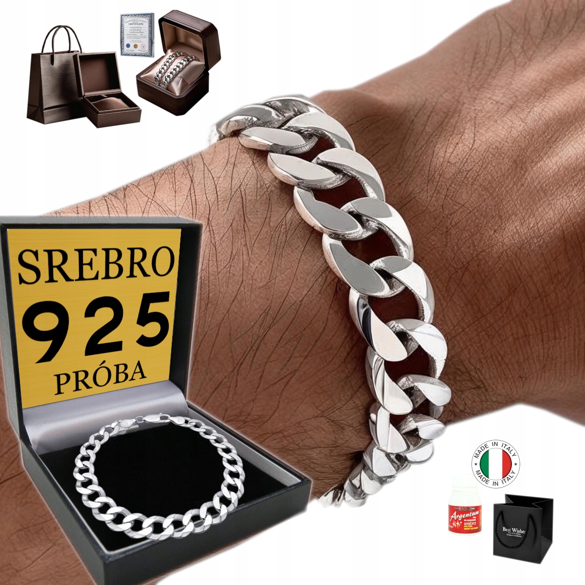 Stříbrný Pánský Náramek Stříbro 925 Diamantový Plný Široký 10 mm Italský