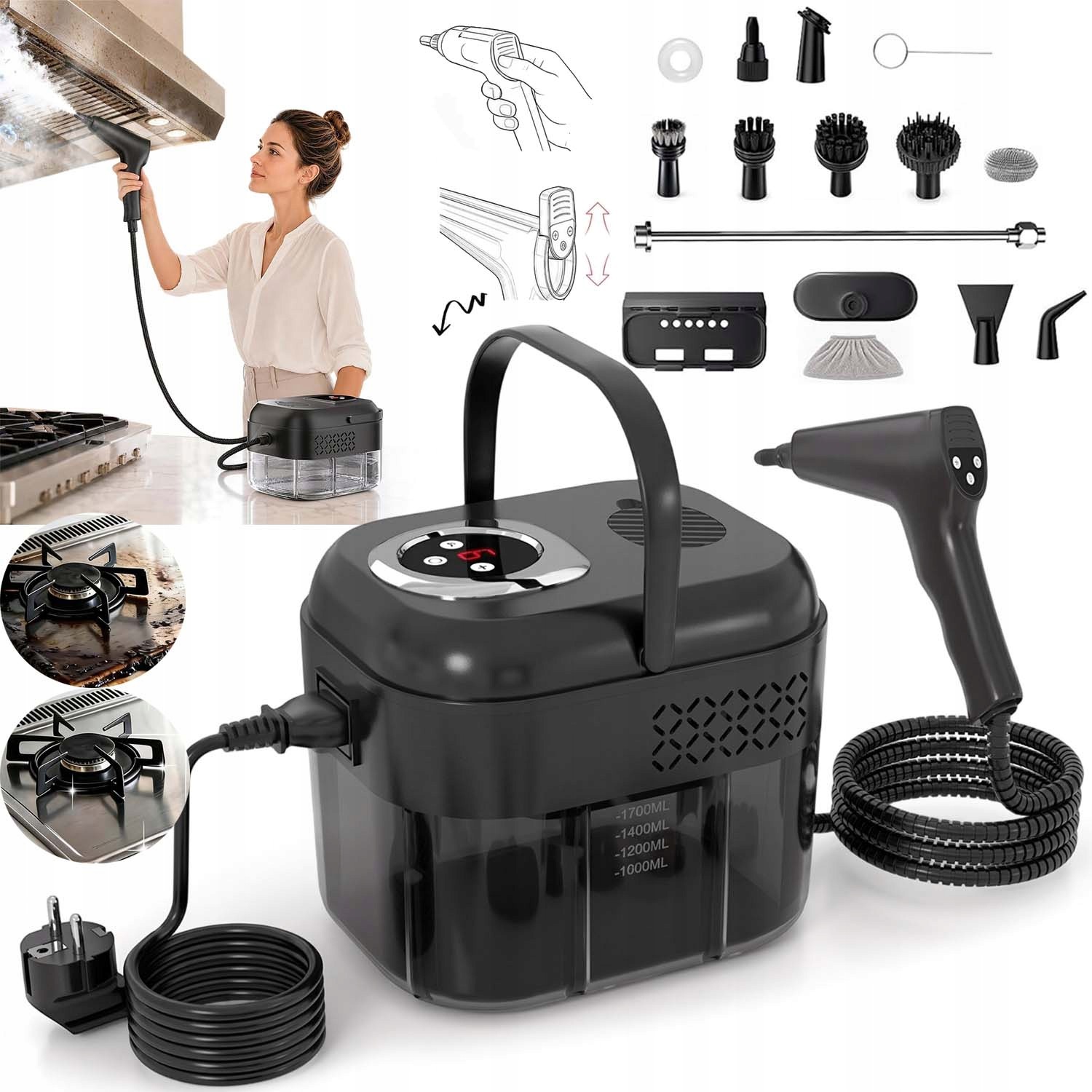 Parní Čistič 2500 W Ruční Čistič Vysavač Parní Sada 6 Nastavení 1700 ML