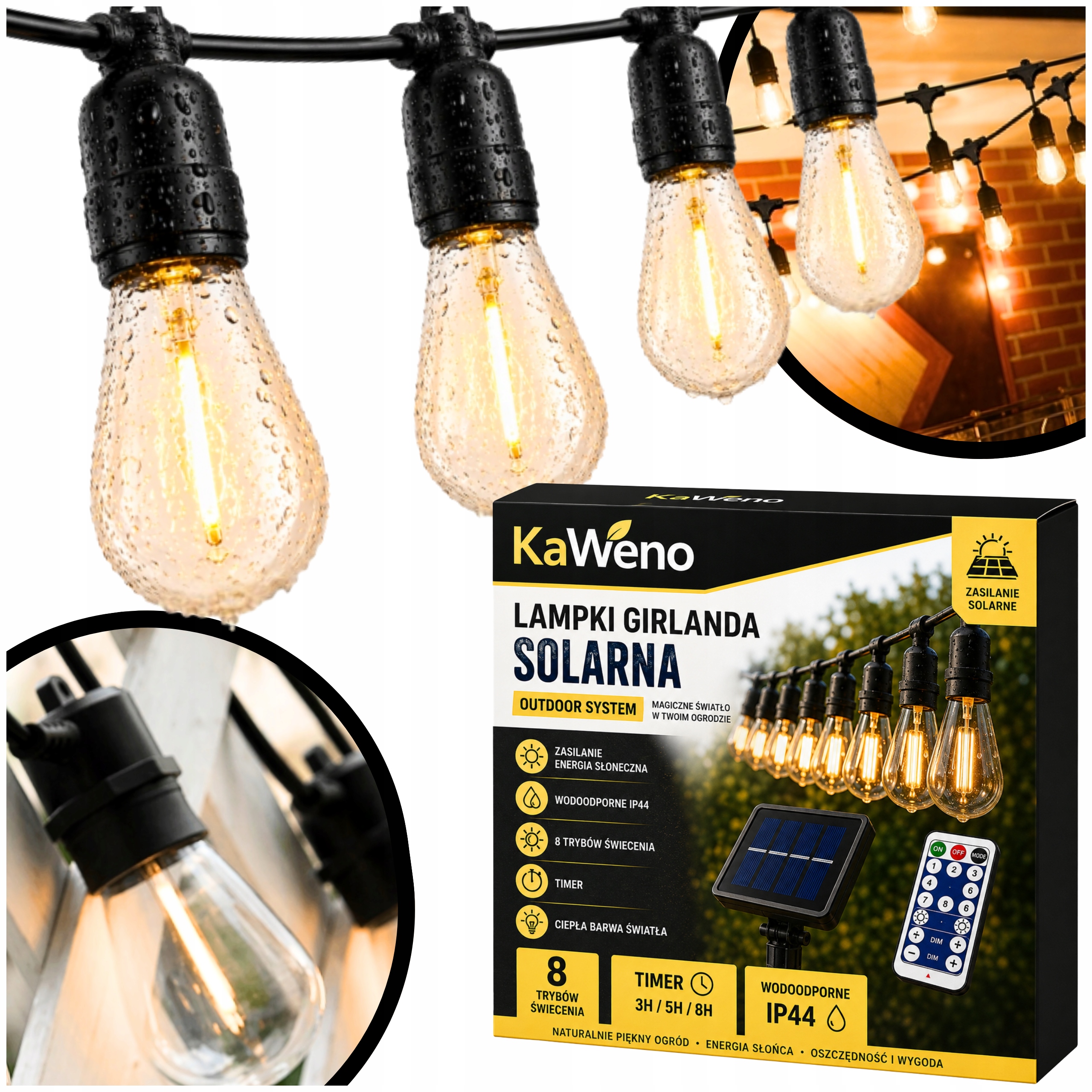 Girlanda solarna ogrodowa 10 m lampki Led żarówki E27 z pilotem Led