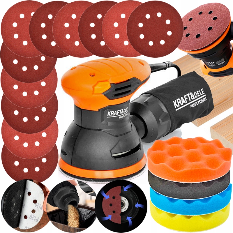 Szlifierka Mimośrodowa Oscylacyjna Drewna Metalu 125mm +papiery Gąbki XXL