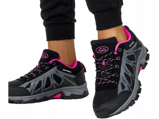 OBUWIE TREKKINGOWE DAMSKIE SOFTSHELL CZARNE SZNUROWANE RÓŻOWE DODATKI r 40