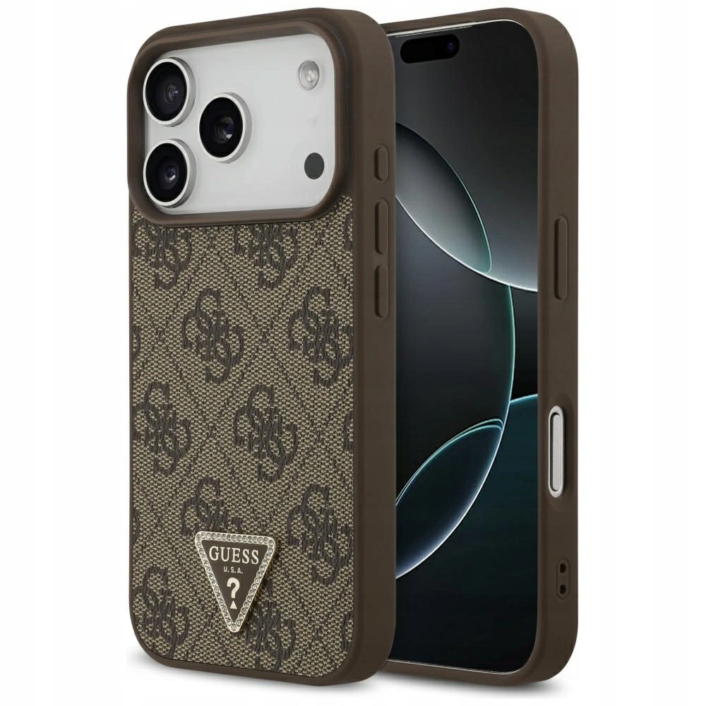 Pouzdro Guess Leather 4G Triangle Strass MagSafe pro Apple iPhone 17 Pro hnědé