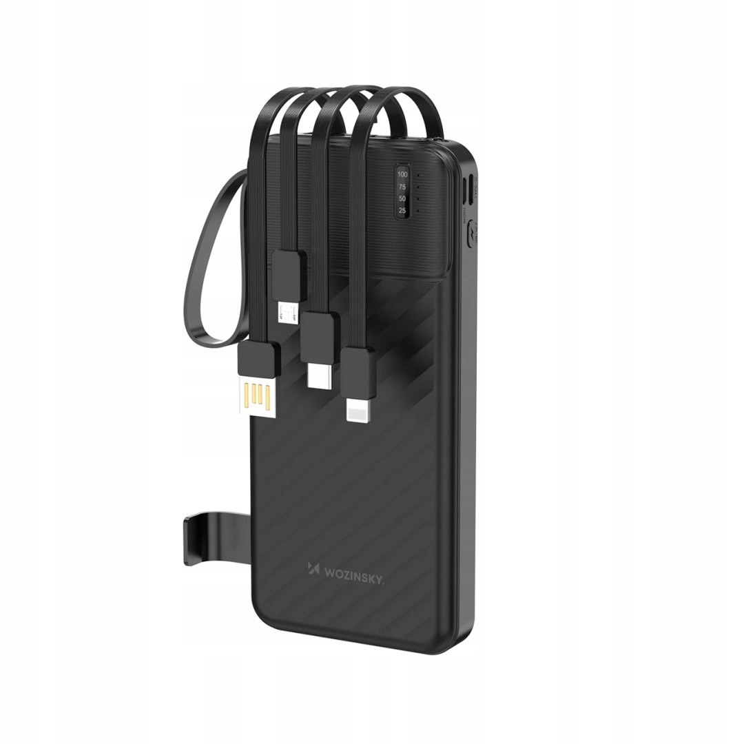 Powerbank Wozinsky W11-B 10000mAh 10W z wbudowanymi kablami i latarką cza
