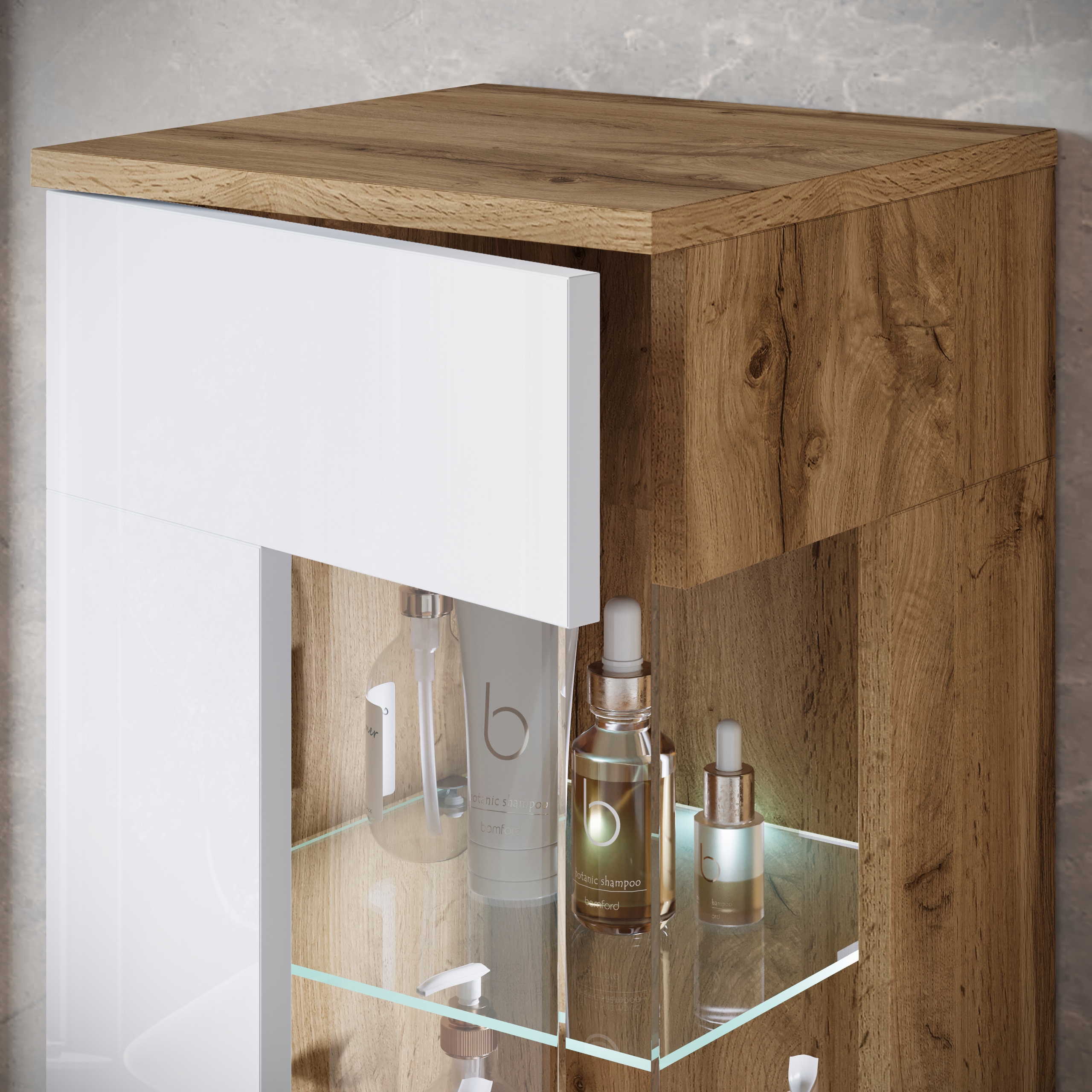 Meble łazienkowe NAIROBI umywalka, lustro DĄB WOTAN / BIAŁY POŁYSK Kolor frontów biały