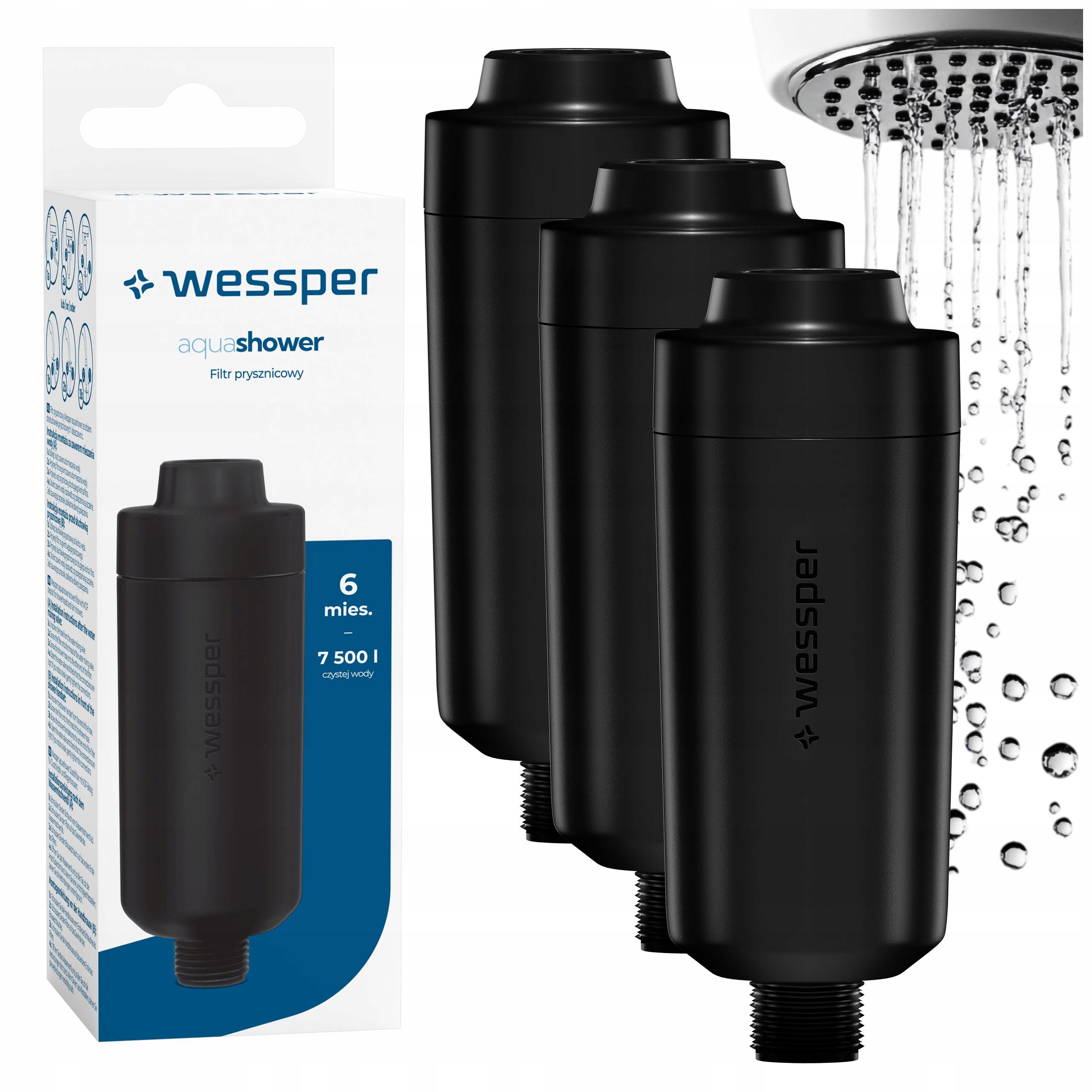 Sada 3x Sprchový Filtr Wessper černá odstraňuje chlór z vody