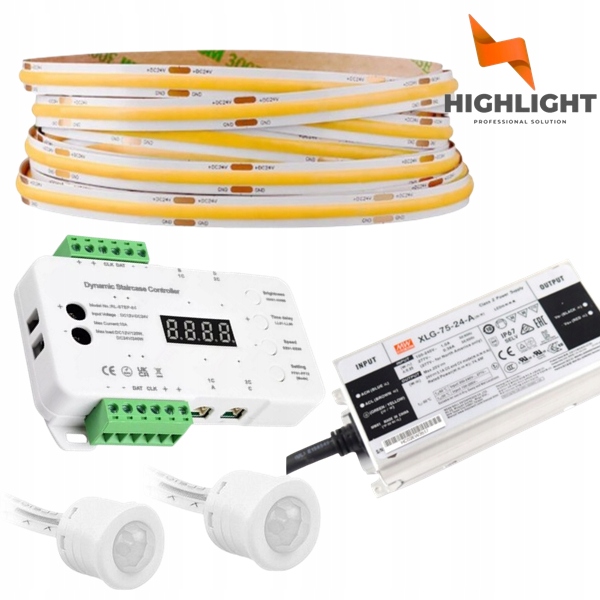 5 m Schodový set Kaskádový pás Led Cob 8W 24V MoNo detektory pohybu