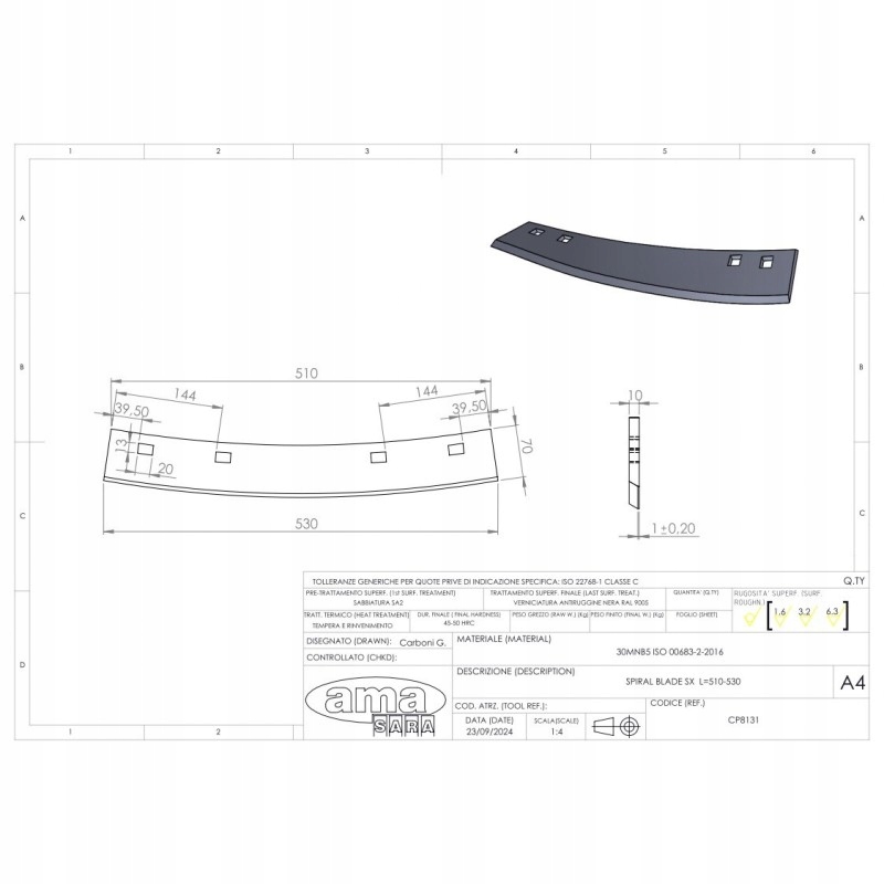 Nůž kultivačního hřídele levý 530x70x10 mm CP8131