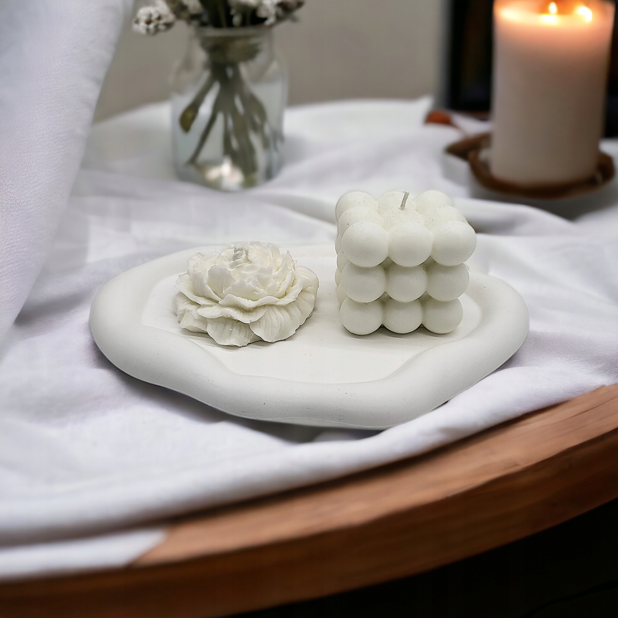 Sójové svíčky pivoňka bubble na podstavci