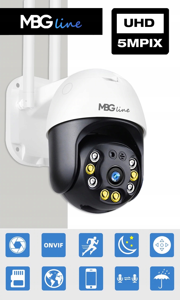 Obrotowa zewnętrzna kamera IP H265 P2P 5MP UHD LED Model MBG500DPB