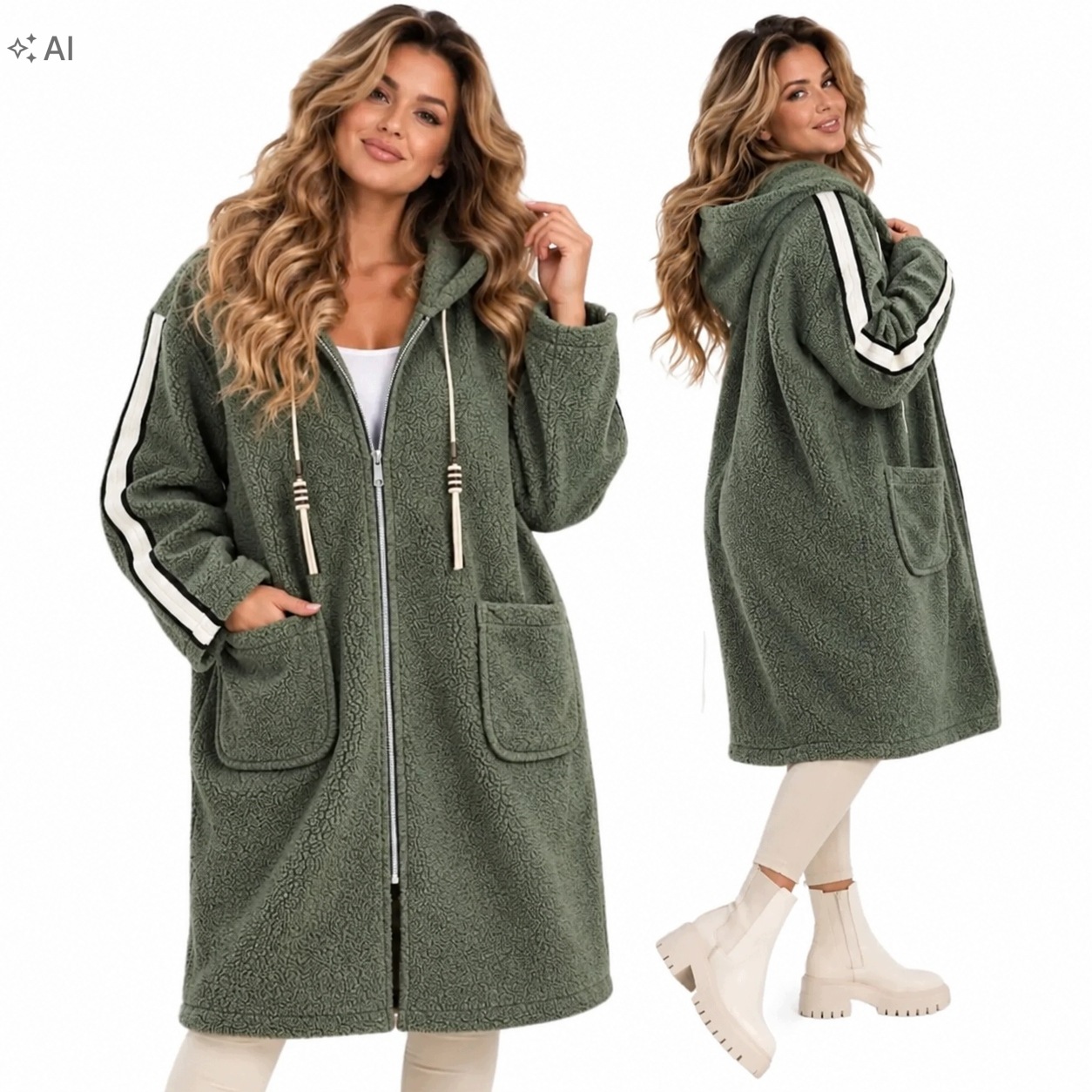 5939 Dámský kabát s lampasem Kapuce Bukla Zip měkký 54 56 7XL 8XL
