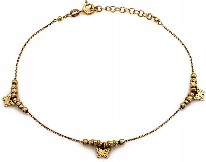 Stříbrný náramek 925 pozlacený s kuličkami a visícími motýlky na noze