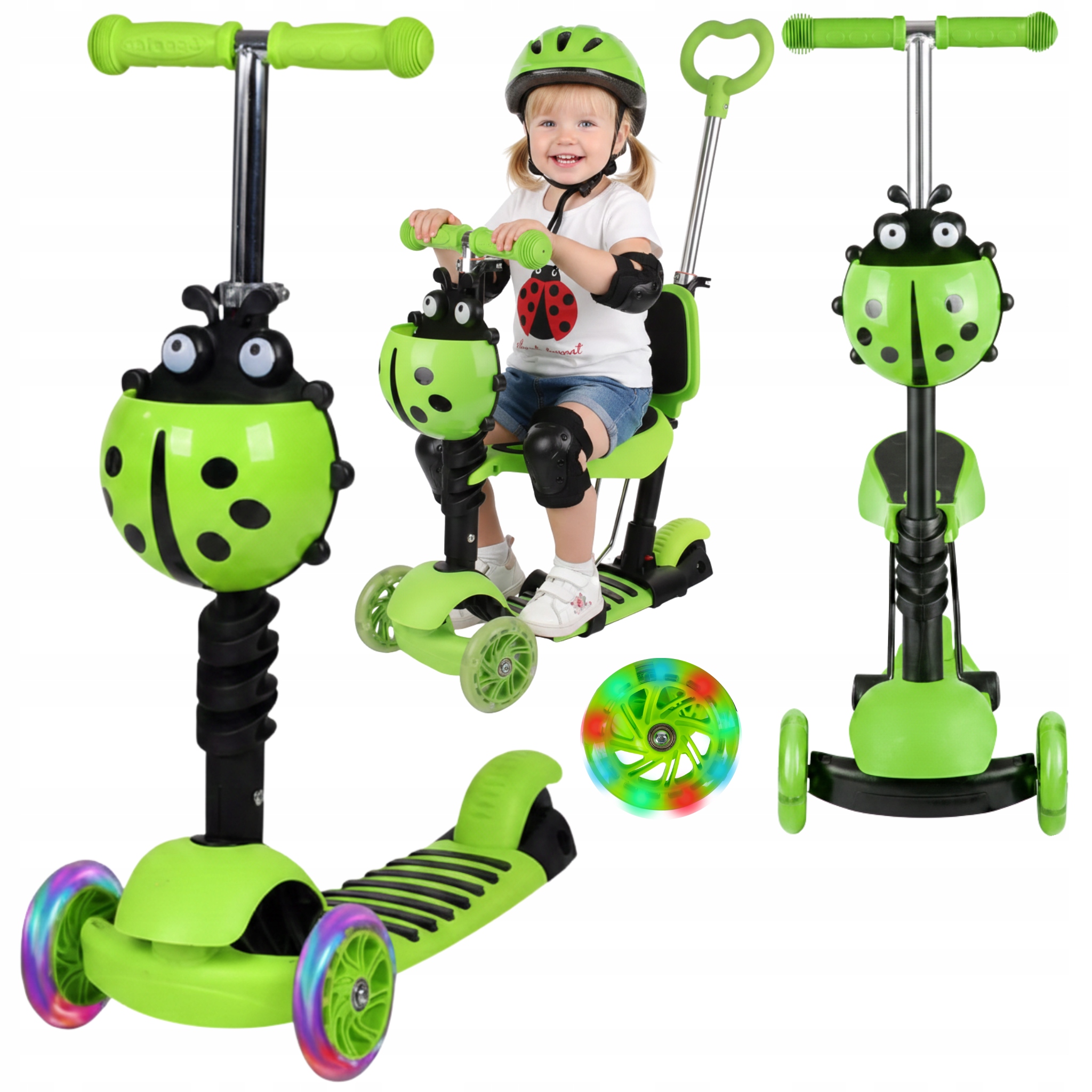 Hulajnoga dla dzieci 5w1 Led balansowa jeździk z rączką zielona biedronka