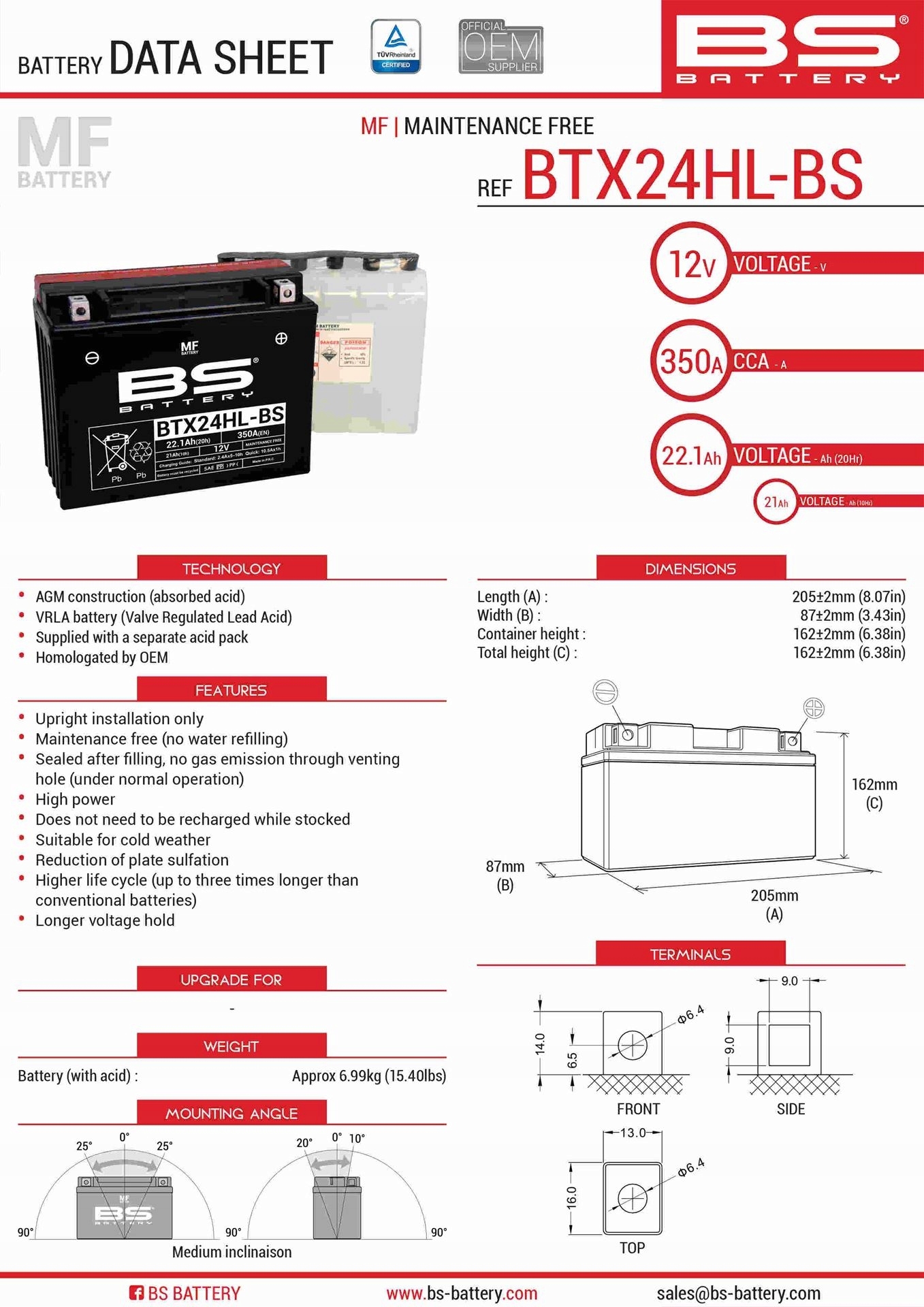 Bs Batéria BTX24HL-BS (YTX24HL-BS) 12V 21AH 205X87X162 Bezúdržbový El