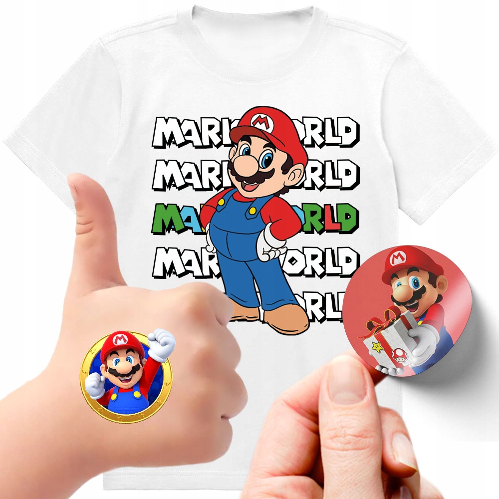 ZESTAW 3W1 KOSZULKA DLA DZIECI TATUAŻE NAKLEJKI SUPER MARIO BROS 152 JAKOŚĆ