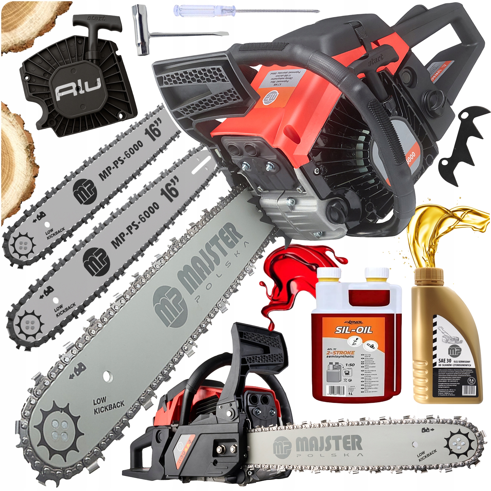 Benzínová Pila Řetězová Pila 5,7km 58cm3 2x řetěz/vodítko/olej Silná XXL