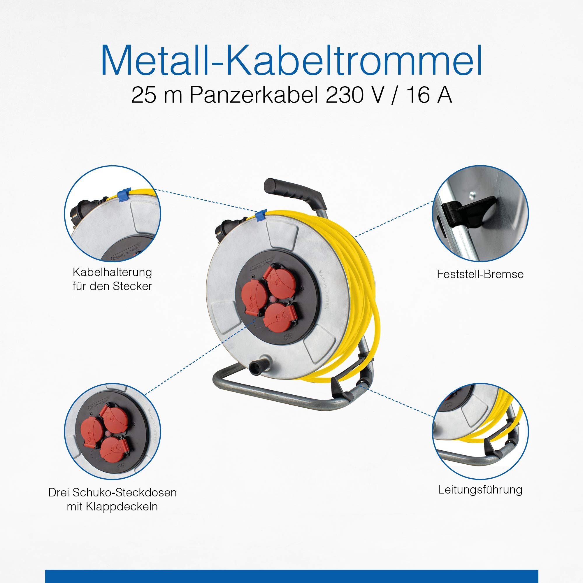 SCHWABE Bęben Kablowy Metalowy 25m 3 Gniazda IP44 230V 16A Srebrny — miniatura 3