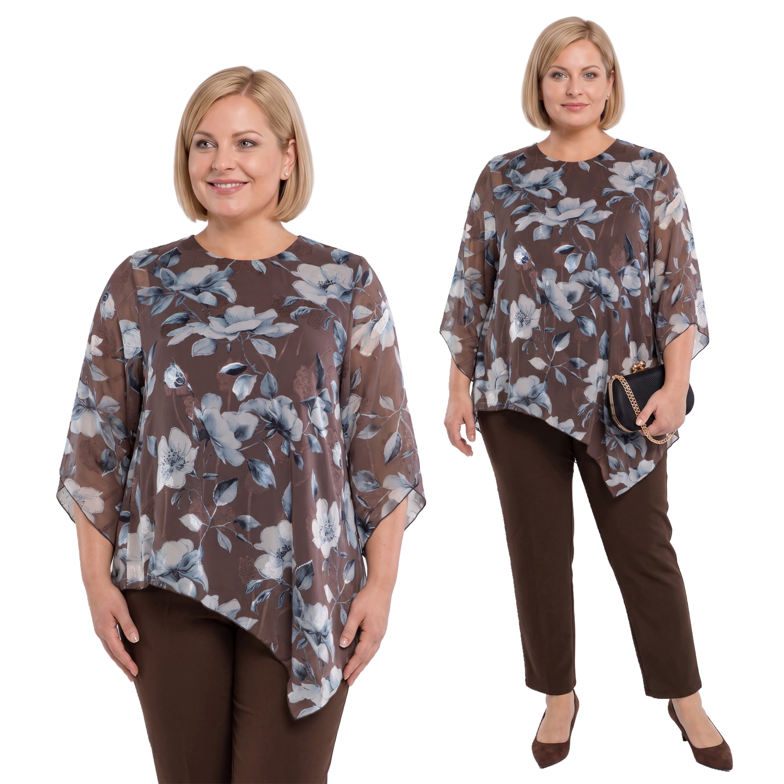 Kávová asymetrická tunika s květinami a zábleskem plus size velikost 52