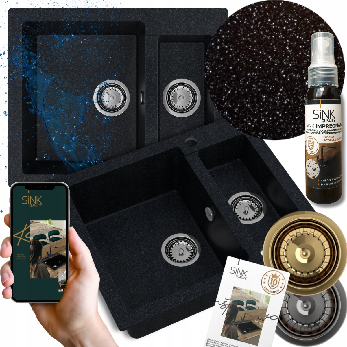 Kuchynský drez s polovičatým morom Granitový čierny metalický 60 cm Sifón Manuál