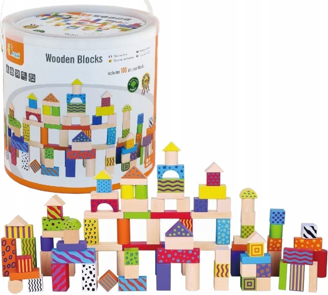 VIGA DREWNIANE KLOCKI W WIADERKU 100 ELEMENTÓW ZESTAW KOLORY