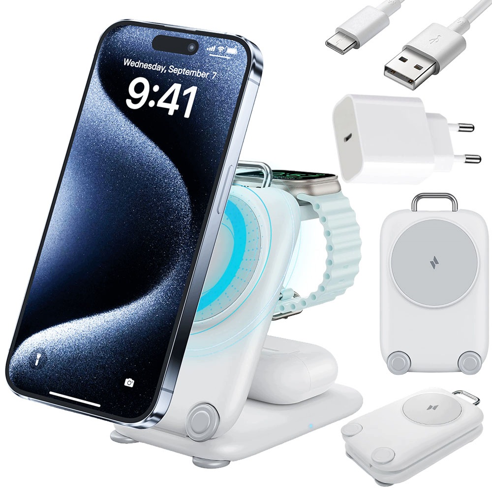 Bezdrátová nabíječka 3v1 15W MagSafe Qi bílá Eu pro iPhone, Apple Watch a AirPods