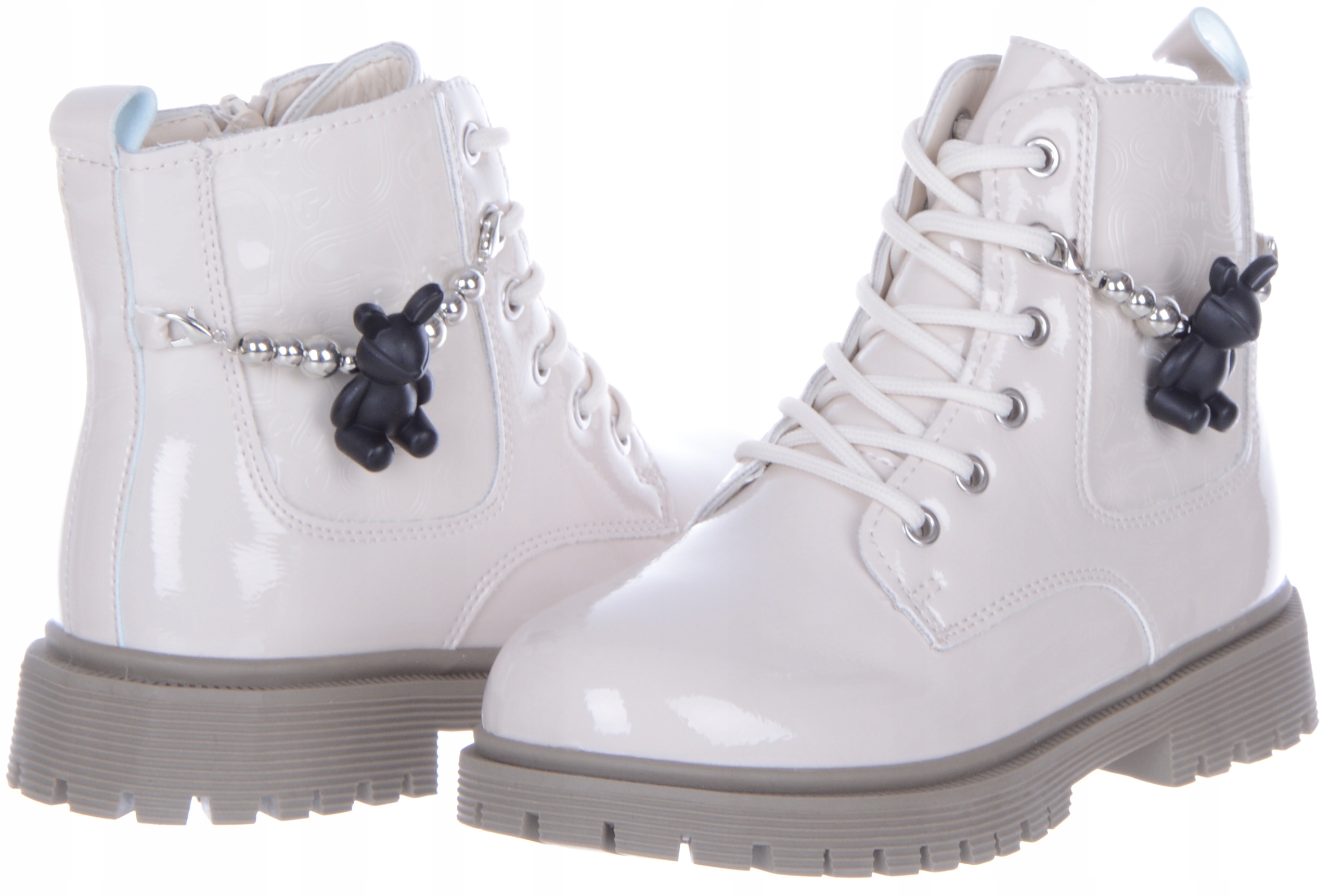 Kremowe Lakierowane Ocieplane Dziewczęce Botki Kozaczki Wiązane z Ozdobą 31