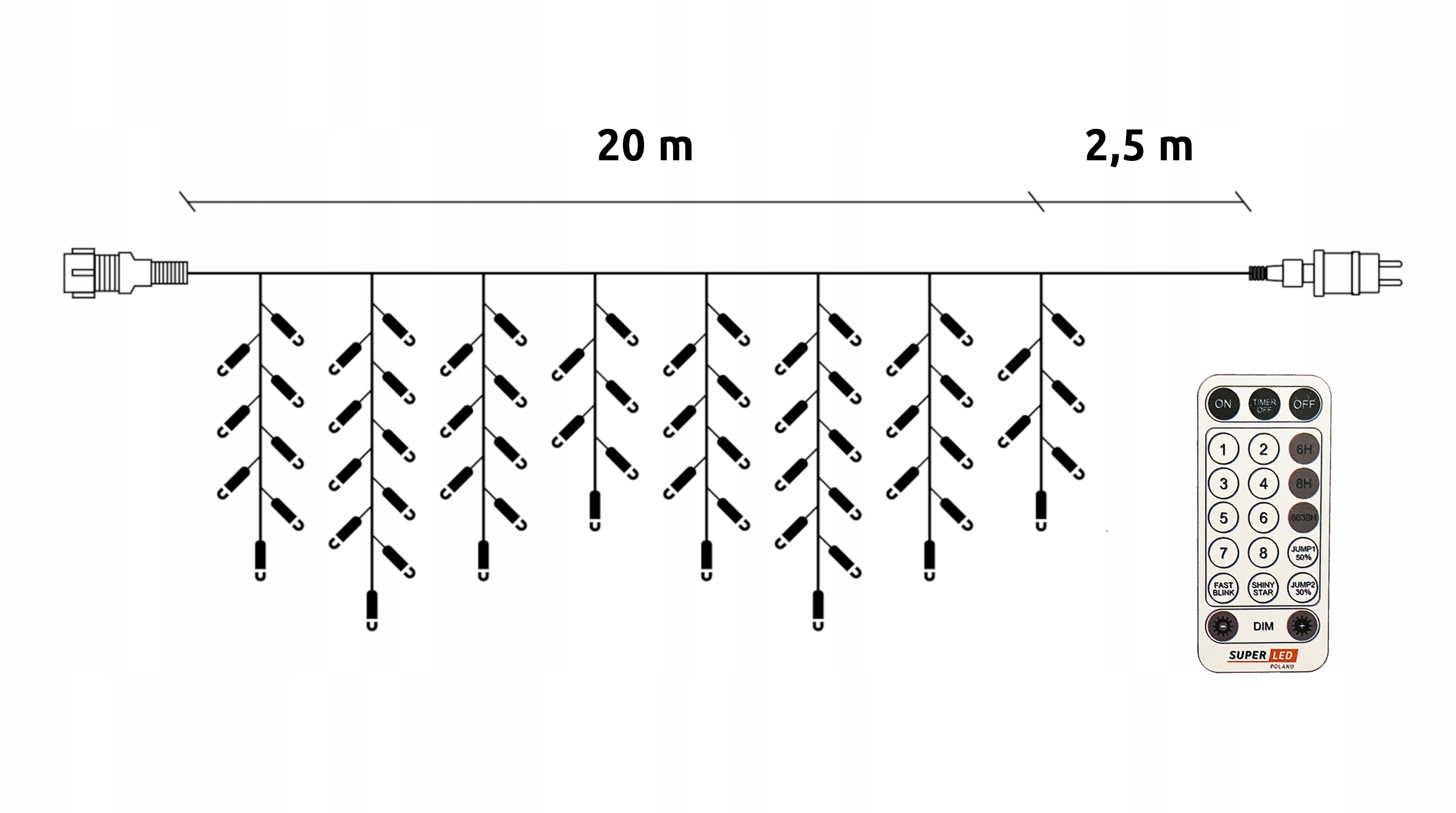 Sople 500 LED Kurtyna Lampki zewnętrzne 22,5 m IP44 zimne + Flash + pilot Barwa światła biały zimny